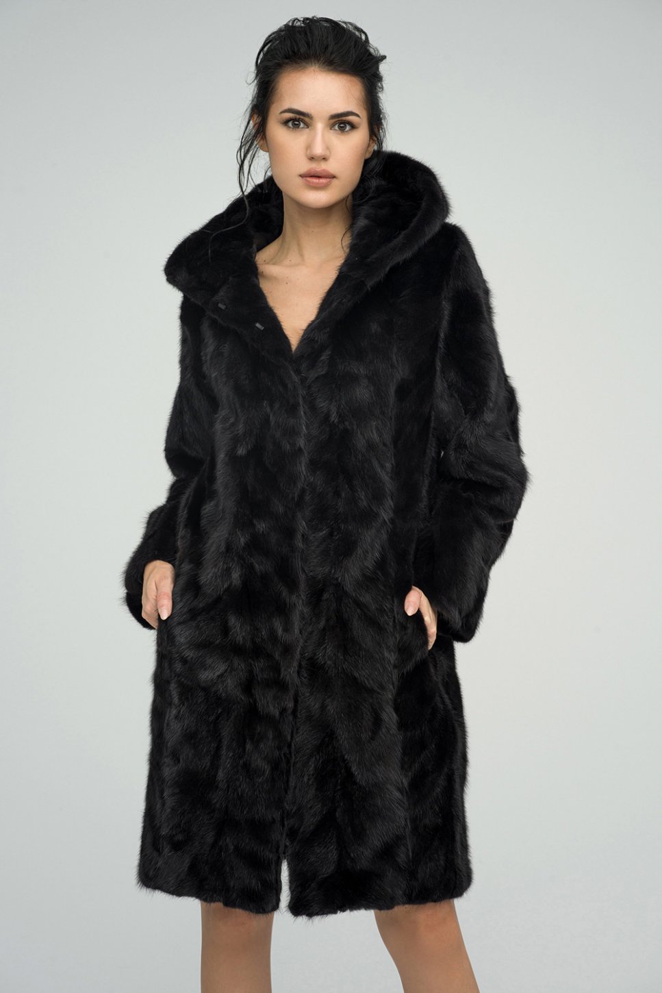 Hooded mink fur coat 2059 black 1