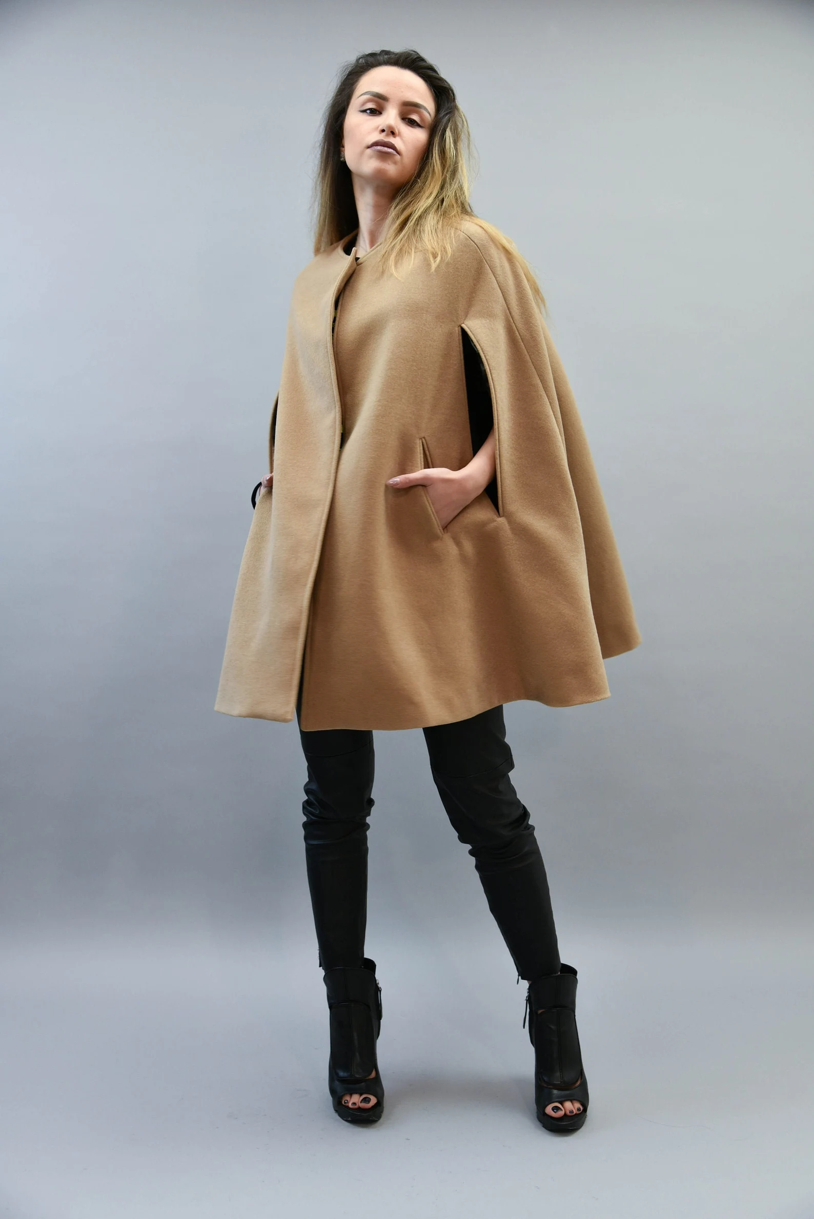 caramel cape coat